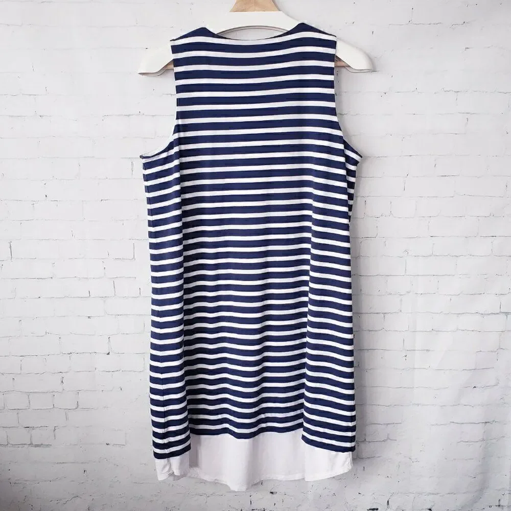 Garnet Hill Nautical Navy White Striped Dress Size M Shift Stretch Tank Cotton